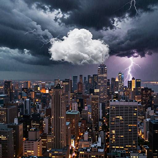 Photograph of a cityscape at night with dramatic dark clouds, a bright white cloud with lightning, and illuminated skyscrapers beneath.