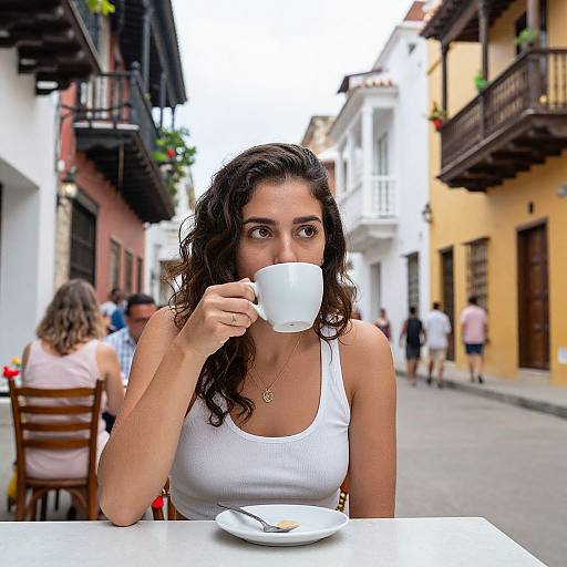 Photograph of a young woman with curly brown hair, wearing a white tank top, sipping from a white cup in a quaint, colorful street café