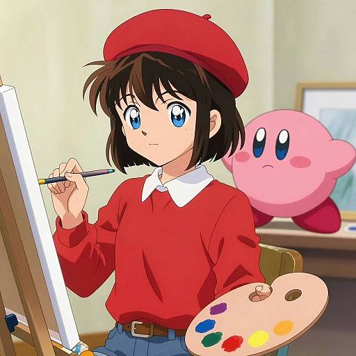Anime-style digital drawing of a young girl with black hair and blue eyes, wearing a red beret and shirt, painting with a palette and brush,