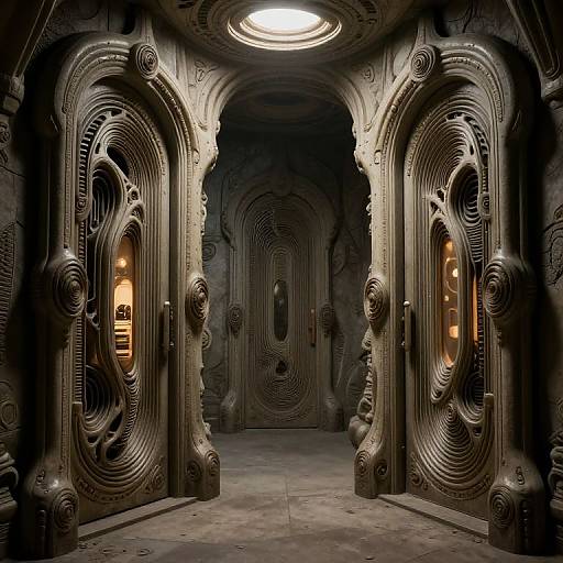 Photograph of a dimly lit, intricately carved, futuristic hallway with ornate, swirling doorways and a circular ceiling light, creating a mysterious