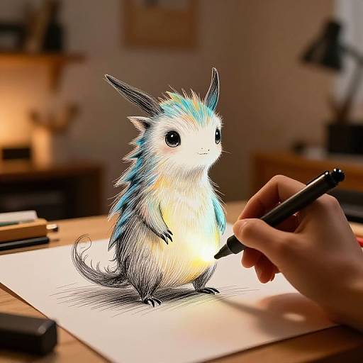 Digital drawing of a fluffy, blue-and-white, mythical creature with large ears, being sketched by a hand with a black pen. Blurred background