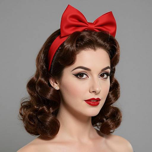 Photograph of a fair-skinned woman with vintage-style dark brown, wavy hair, wearing a large red bow headband, red lipstick, and