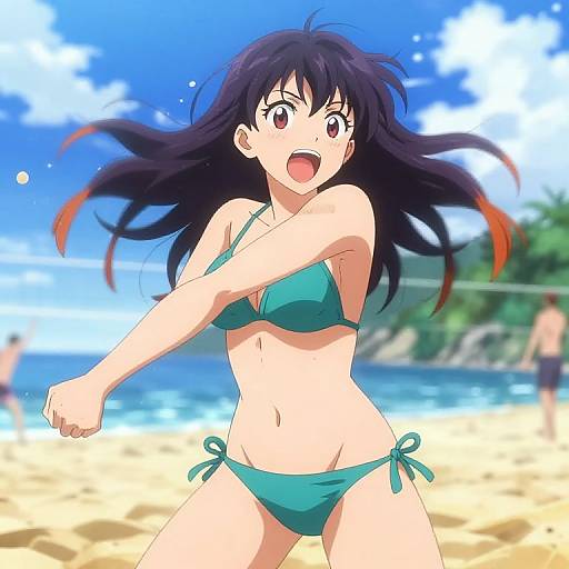 Anime-style drawing of a surprised, dark-haired girl in a teal bikini on a sunny beach, with blurred background and blue sky.