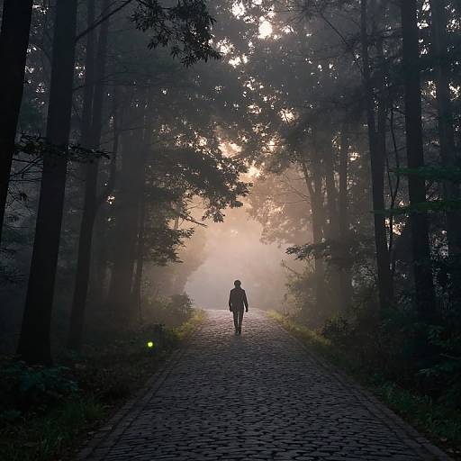 Silhouetted figure walking down a misty, cobblestone forest path, surrounded by tall trees with glowing lights in the distance. Photoreal