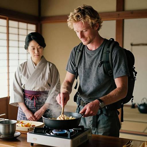 Photograph of a blonde, bearded man in a gray t-shirt cooking noodles in a kitchen with a Japanese woman in a kimono. Traditional wooden