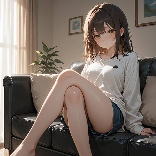 Cozy Girl on Couch in Soft Light