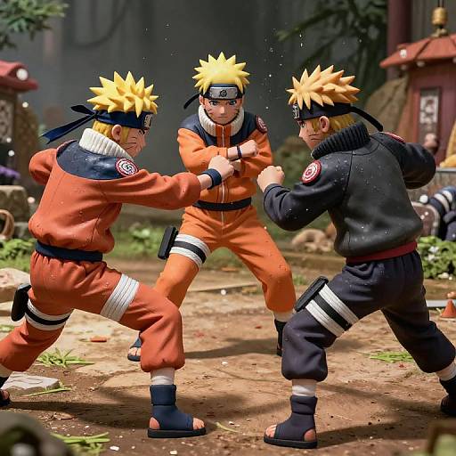 Three anime-style ninja characters with spiky blonde hair and headbands, wearing orange and black outfits, engage in a intense fight in a forest clearing.