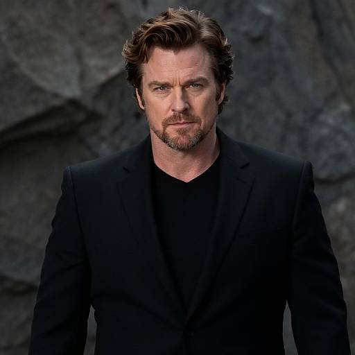 Photograph of Chris Hemsworth with tousled brown hair and beard, wearing a black suit over a black shirt, against a rocky background.