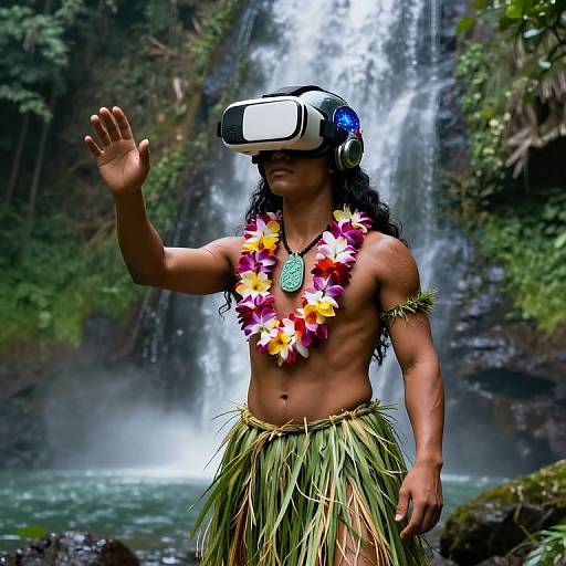 Futuristic Polynesian Humanoid at Waterfall