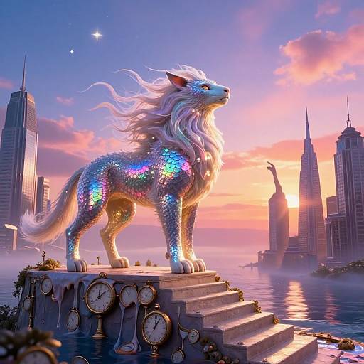 Digital art of a shimmering, multicolored wolf with a flowing white mane standing on a clock-laden rock in a futuristic cityscape at sunset