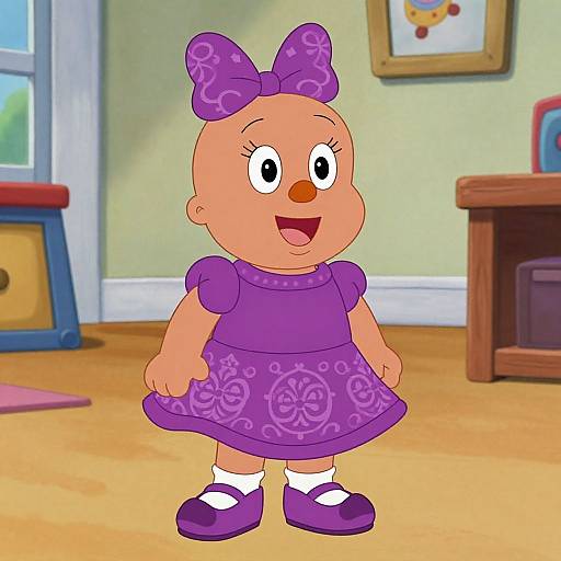 Digital cartoon of a smiling bald girl with large purple bow, purple dress, and shoes, standing in a brightly lit room.
