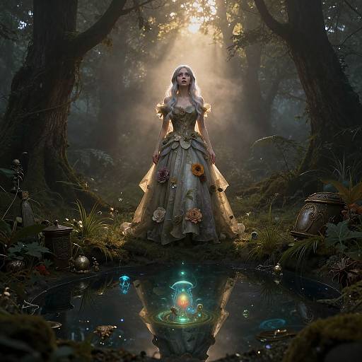 Fantastical forest scene with ethereal woman in floral dress standing by glowing water, surrounded by flowers and lanterns, sunlight piercing through trees. Digital