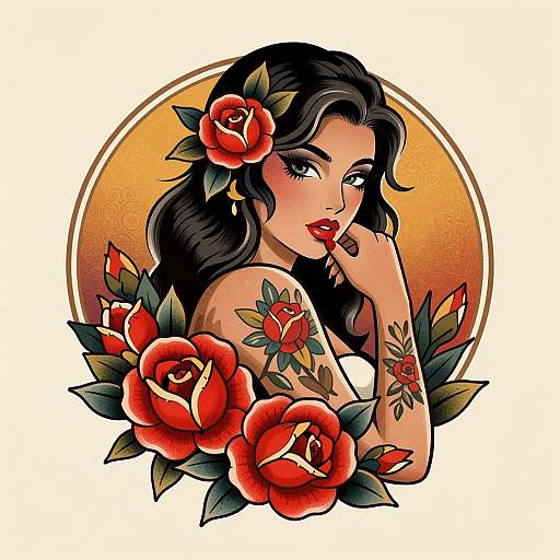 Digital illustration of a tattooed woman with black hair, red roses, and green leaves, striking a seductive pose against an orange circular background.