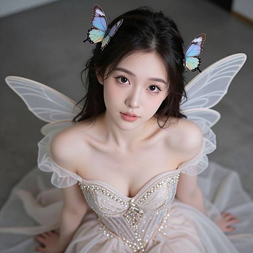 Photograph of an Asian woman with fair skin, black hair, blue butterfly hairpins, and transparent fairy wings, wearing an off-shoulder,