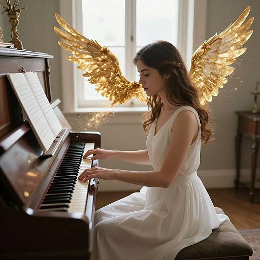 Photograph of a fair-skinned woman with long brown hair, wearing a white dress and golden angel wings, playing a black piano in a sunlit