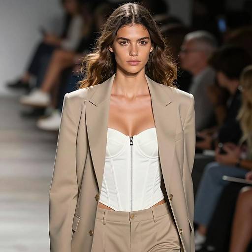 Fashion Model on Runway in Beige Suit