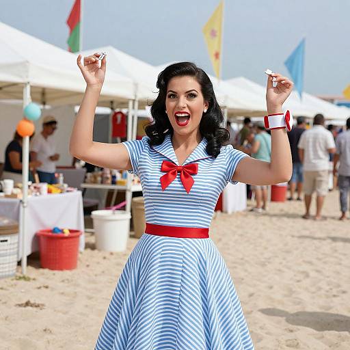 1950s Woman at Vibrant Beach Market