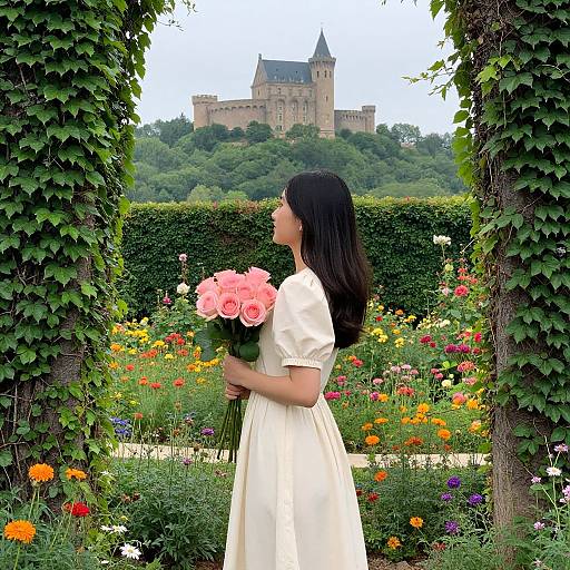 Photograph of an Asian woman in a white dress, holding pink roses, standing in a vibrant garden with colorful flowers, framed by ivy-covered trees
