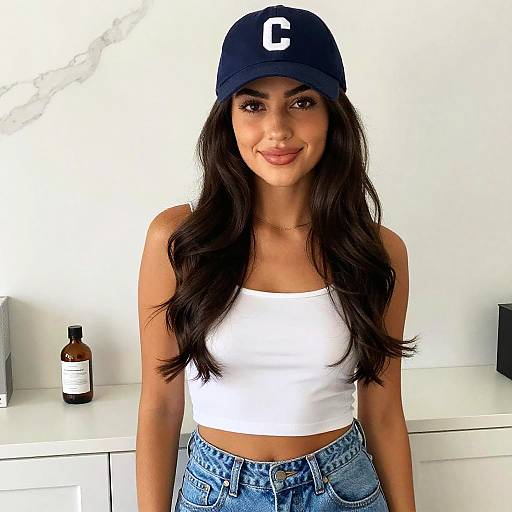 Photograph of a young woman with long black hair, wearing a navy cap with a white 