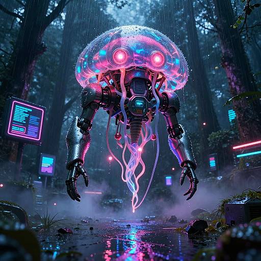 Digital artwork: Neon-lit, cyborg jellyfish with glowing pink eyes and tentacles, descending through a rain-soaked, futuristic forest with neon