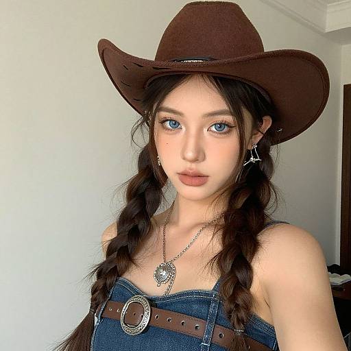 Photograph of a young woman with blue eyes, fair skin, and long braided brown hair wearing a brown cowboy hat, denim strap dress, brown