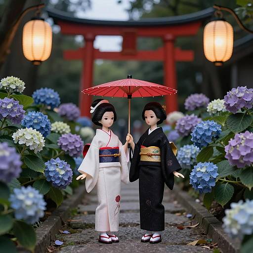 Traditional Japanese Dolls with Red Parasol by Torii Gate