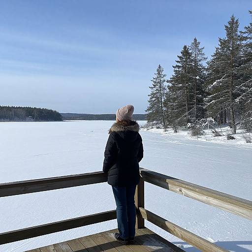 Photograph of a person in a black coat and pink knit hat, standing on a wooden deck, facing a snowy lake with snow-covered trees under a