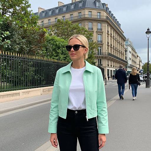 Photograph of a blonde woman in a light green jacket, black pants, and black sunglasses walking on a Parisian street.