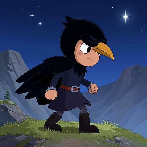 Cartoon black-feathered bird character with orange beak, wearing dark clothes, stands determined on grassy mountain under starry night sky. Digital