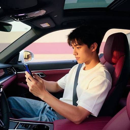 Young man with short black hair, wearing white t-shirt and jeans, sits in red leather car seat, texting on blue phone.