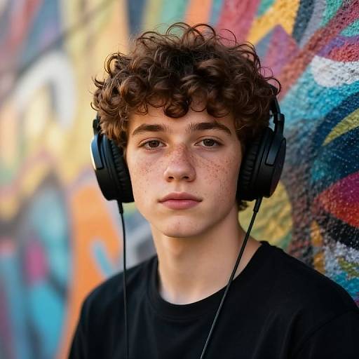 Young man with curly brown hair, freckles, wearing black headphones and shirt, standing against a colorful, graffiti-covered wall. Photograph.