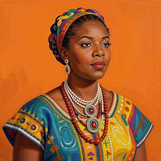 Photograph of an African woman with dark skin, wearing colorful traditional attire, headwrap, layered beaded necklaces, red earrings, and orange background