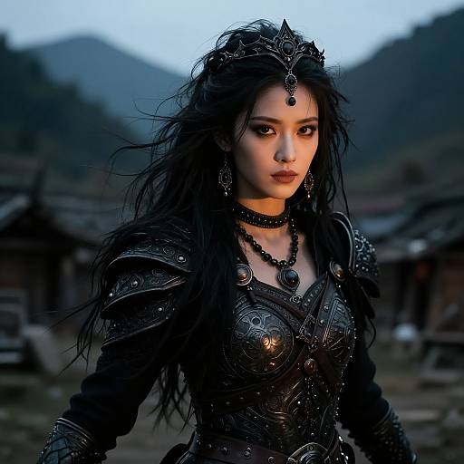Digital art of an Asian woman with long black hair, wearing ornate black armor and jewelry, set against a blurred mountain village background at dusk.