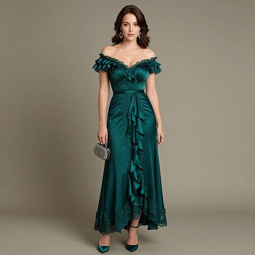 Photograph of a woman with medium-length dark hair in an off-shoulder, emerald green satin gown with lace trim, holding a silver clutch