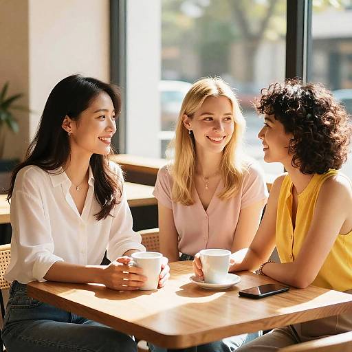 Sunny Café Conversation Between Three Women