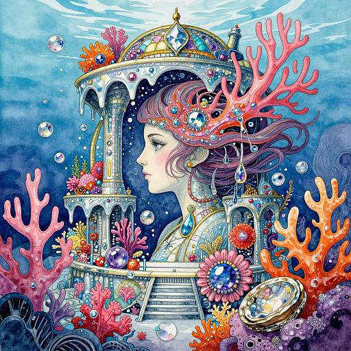 Digital art of a fair-skinned woman with pink and purple hair, adorned with jewelry, underwater amidst vibrant coral, bubbles, and a golden dome.