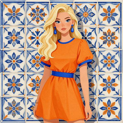 Digital illustration of a blonde woman with long wavy hair, wearing an orange dress with blue trim and belt, blue earrings, standing against a white tile