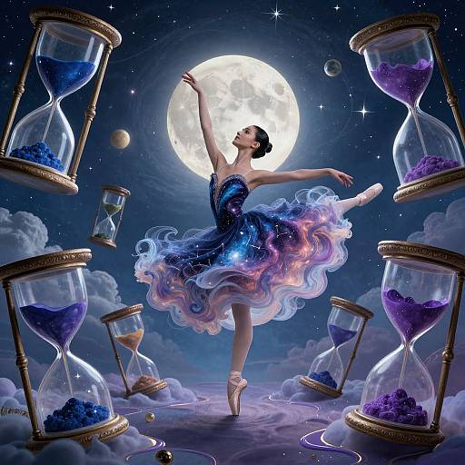 Digital artwork: Ballerina with a cosmic blue-purple dress, standing en pointe under a full moon, surrounded by floating hourglasses filled with