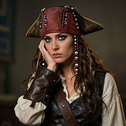 Photograph of a pensive pirate woman with long brown hair, wearing a red tricorn hat adorned with beads, black leather vest, and white shirt