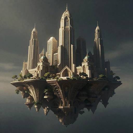 Low-Angle Surreal Floating Island Metropolis