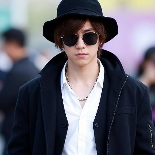 Photograph of an Asian young man with fair skin, wearing a black hat, sunglasses, white shirt, black jacket, and silver necklace, standing in