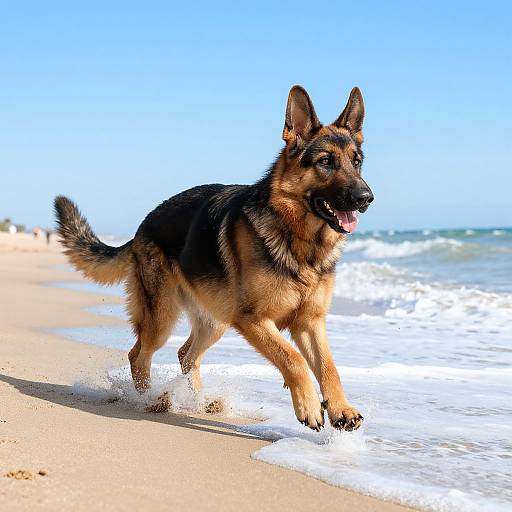 Photograph of a German Shepherd dog with a black and tan coat, joyfully running along a sunny beach with waves in the background.