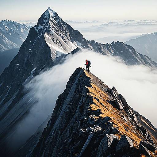 Mountain Climber on Foggy Peak Ridge