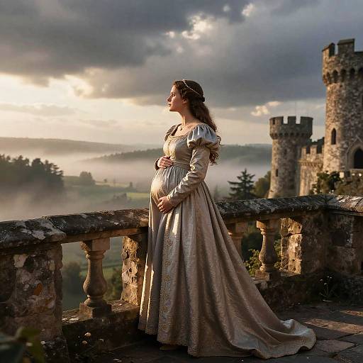 Medieval Pregnant Woman on Castle Balcony