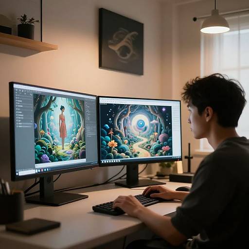 Photograph of a young man with short curly brown hair, wearing a black shirt, working on dual computer monitors displaying vibrant, digital fantasy art in a
