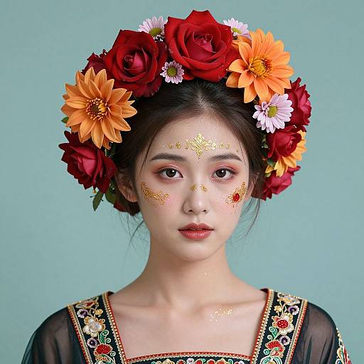 Photograph of an Asian woman with fair skin, wearing a floral headpiece of red roses and orange daisies, adorned with gold face paint,
