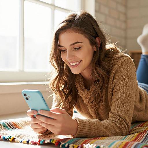 Photograph of a smiling young woman with wavy brown hair, wearing a brown sweater, lying on a colorful woven blanket, holding a light blue smartphone
