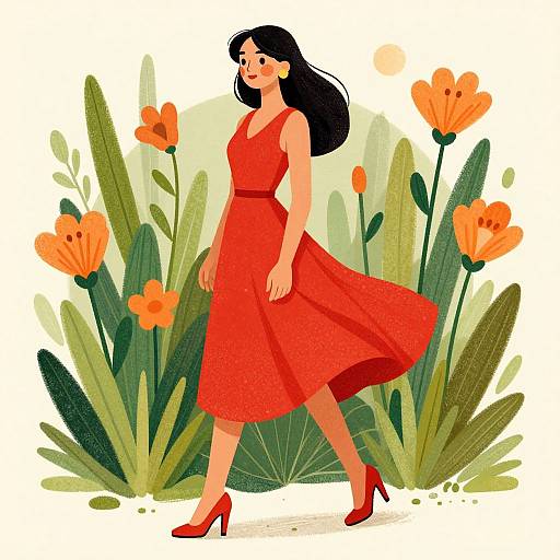 Illustration of a smiling woman with long black hair in a red dress and heels, walking through vibrant orange flowers and green foliage.