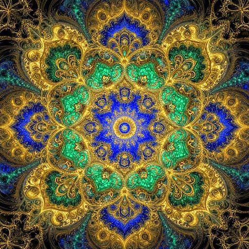 Vibrant digital fractal art featuring a symmetrical, golden-yellow, blue, and green mandala with intricate, swirling patterns and glowing textures against