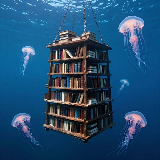 Photograph of a floating wooden bookshelf suspended by chains, surrounded by glowing jellyfish in a deep blue underwater setting.